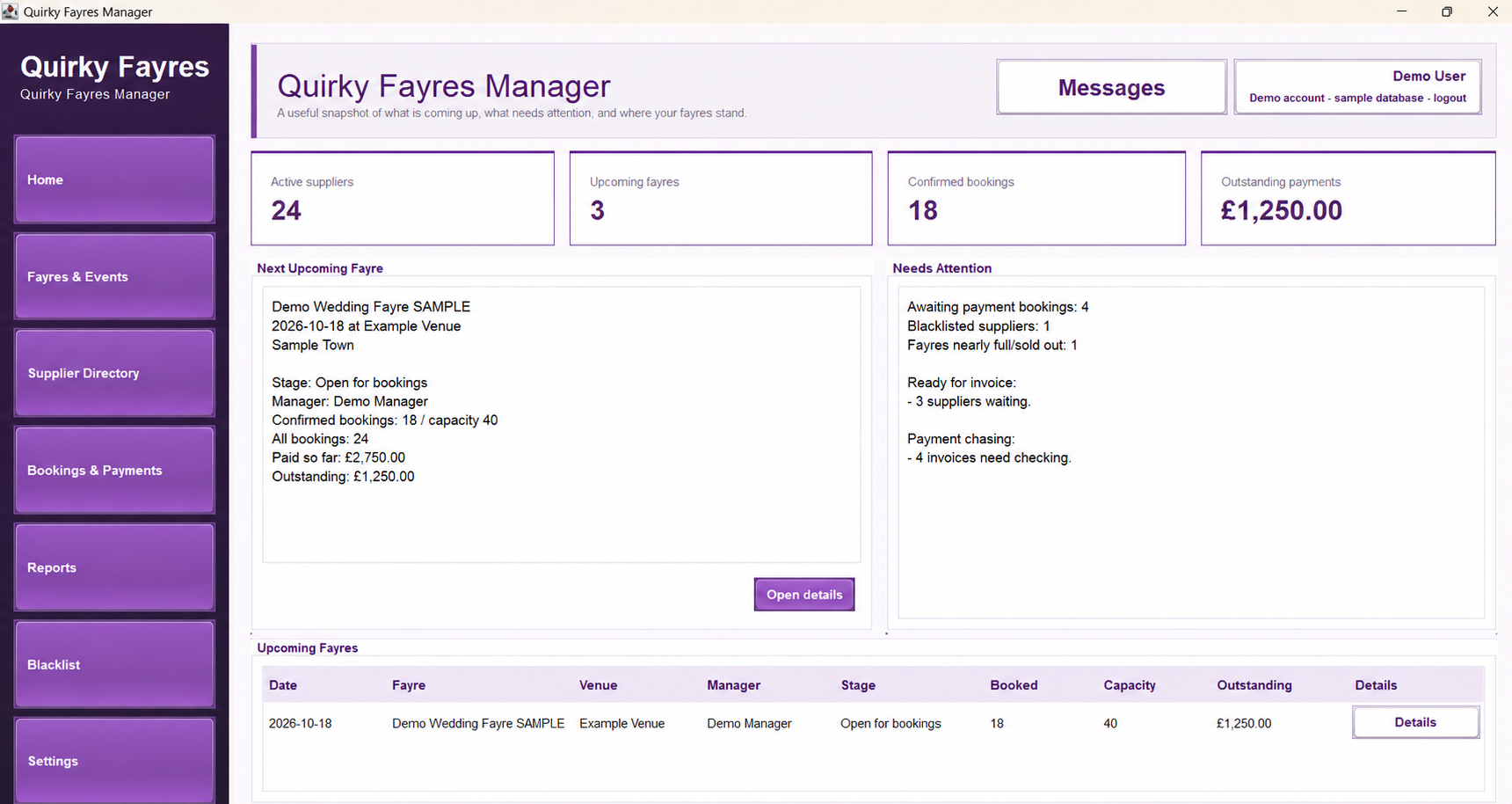 Quirky Fayres Manager event management dashboard screenshot